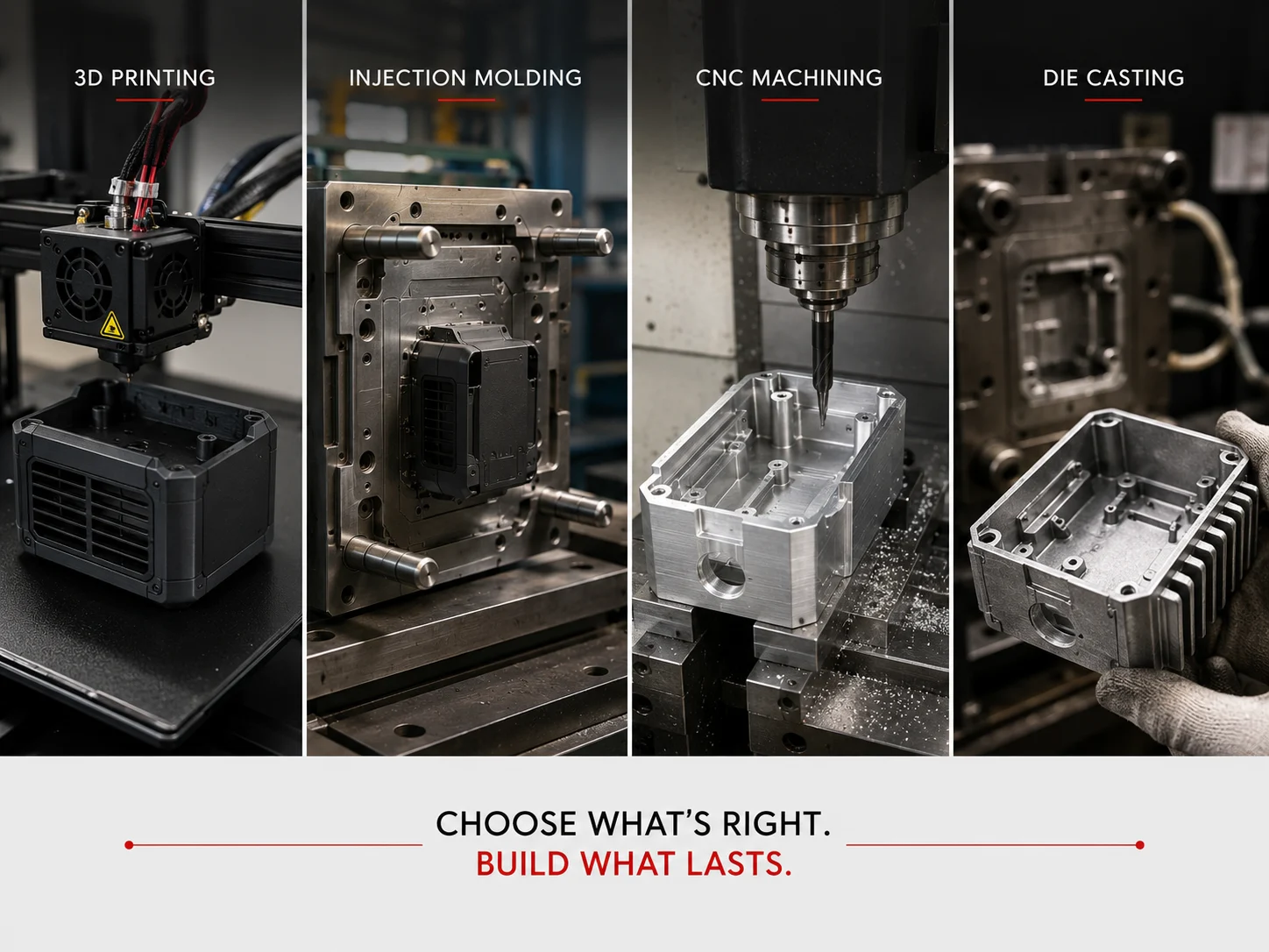 Five manufacturing methods compared: 3D printing, injection molding, CNC machining, die casting, and sheet metal fabrication samples on a workbench