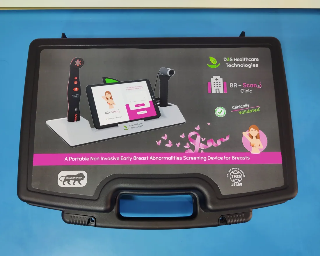 BR-Scan carry case showing the device on its dock with a tablet