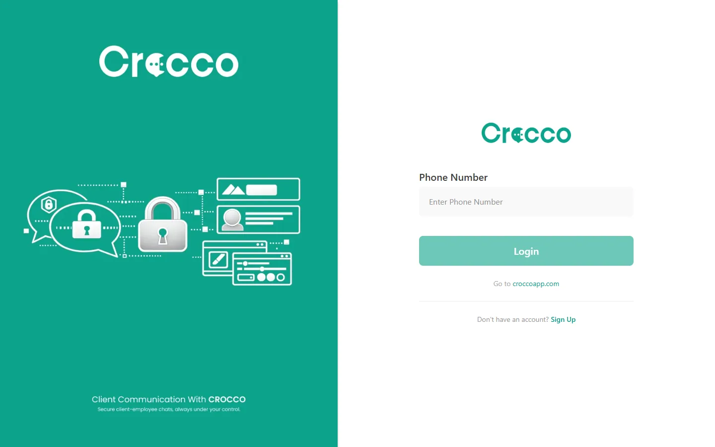 Crocco sign-in page with a phone number field and a login button
