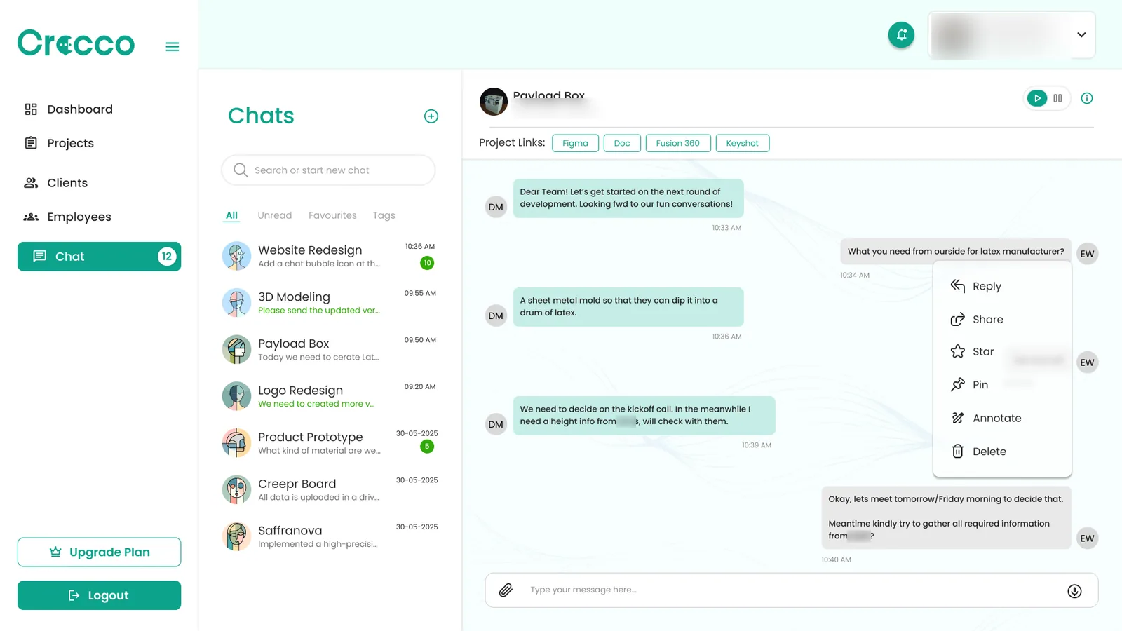 Crocco web app chat screen with a list of project rooms, pinned project links and a message menu with reply, share, star, pin and annotate