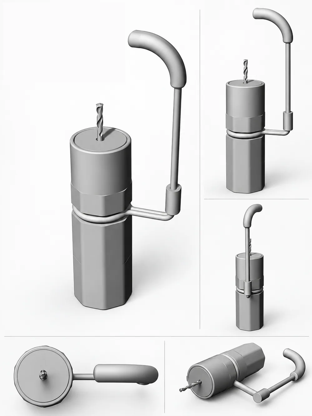 3D CAD views of the Hobby Helper painting handle with its pin vice and wire arm