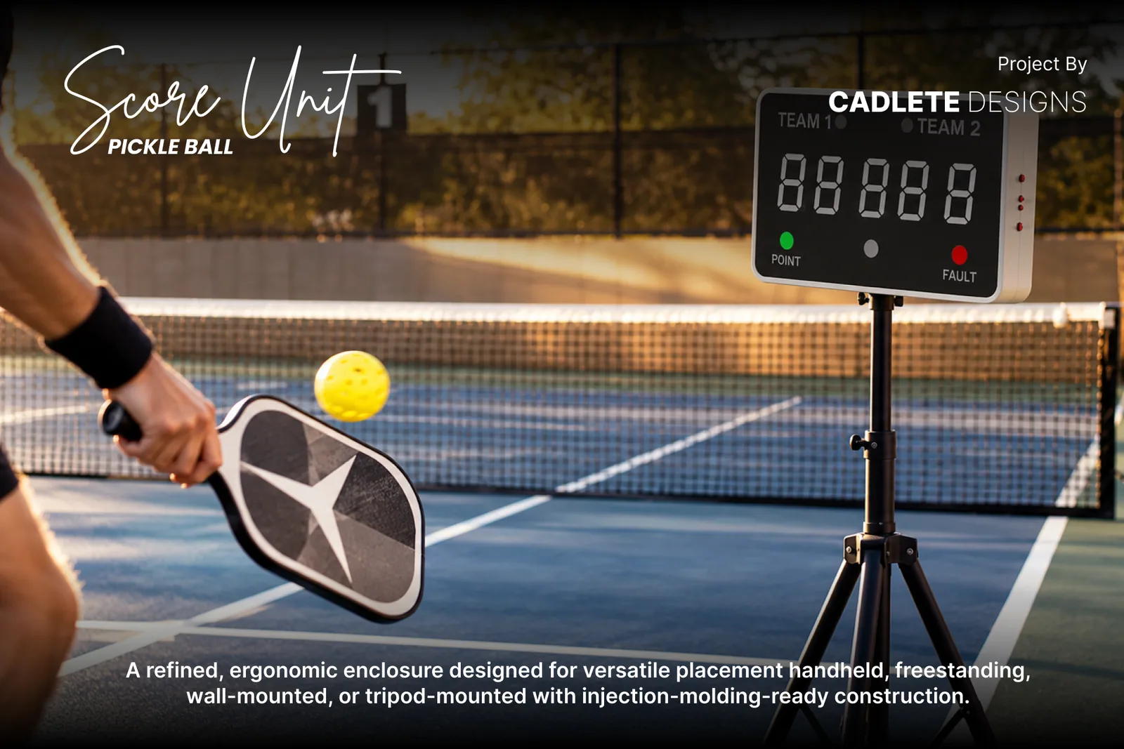 The first pickleball live score display on a tripod beside a pickleball court
