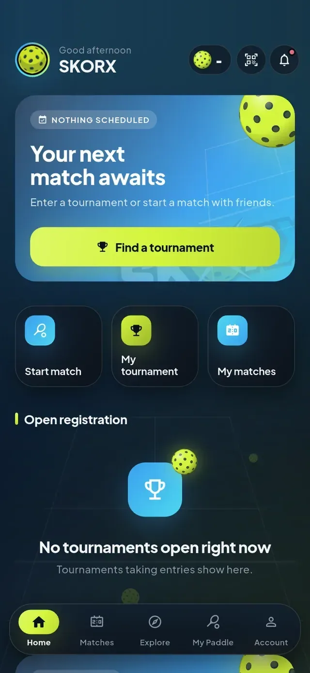 SkorX app home screen with Find a tournament, Start match, My tournament and My matches