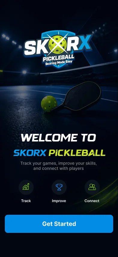 SkorX Pickleball welcome screen with the SkorX logo, a paddle and ball, and a Get Started button