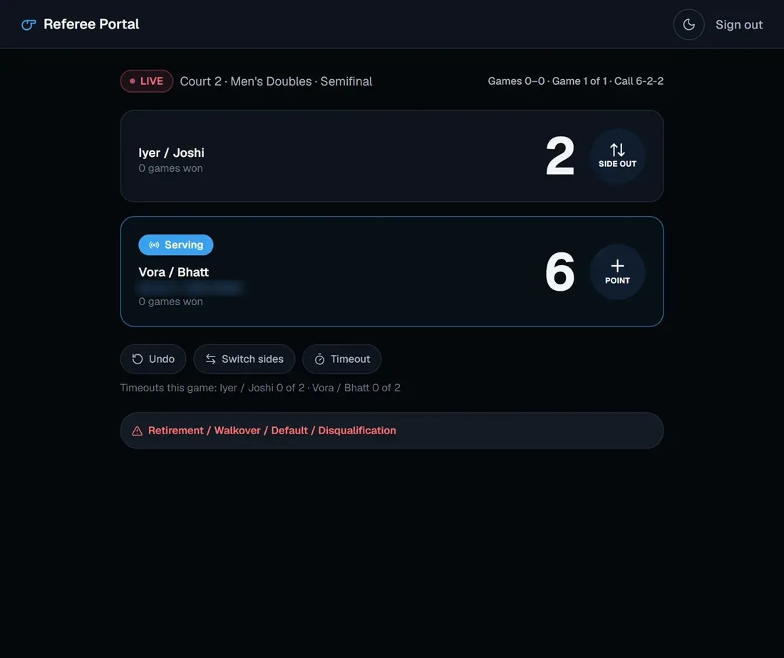 SkorX referee portal for a live men’s doubles semifinal, showing the serving team, the score call and side out and point buttons