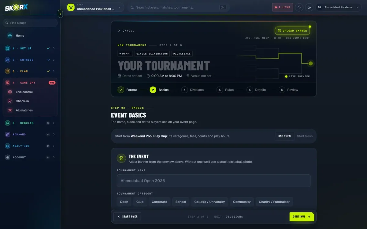 SkorX tournament software new tournament wizard with format, basics, divisions, rules, details and review steps