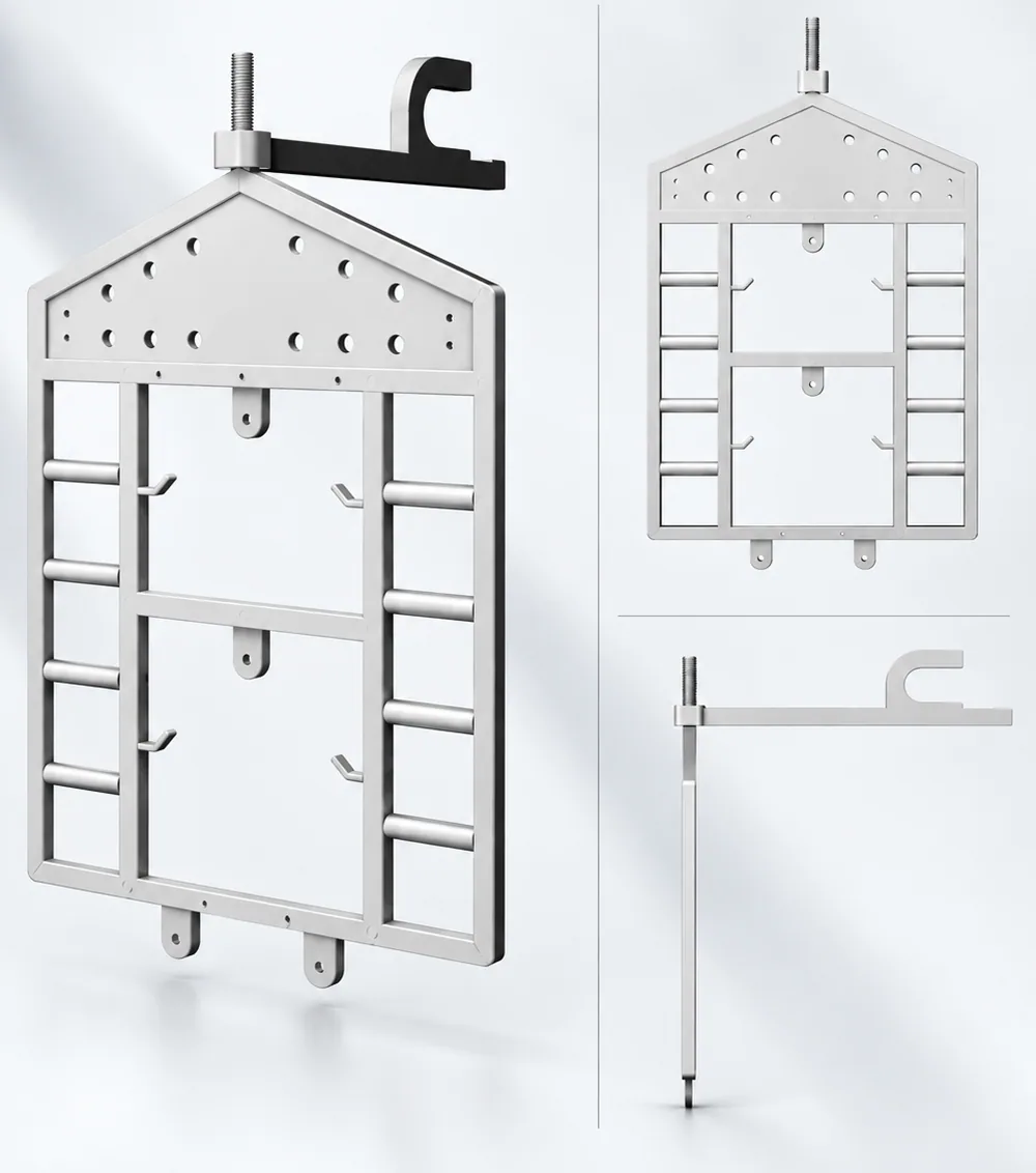 3D CAD views of the telescopic wardrobe hanger panel and arm