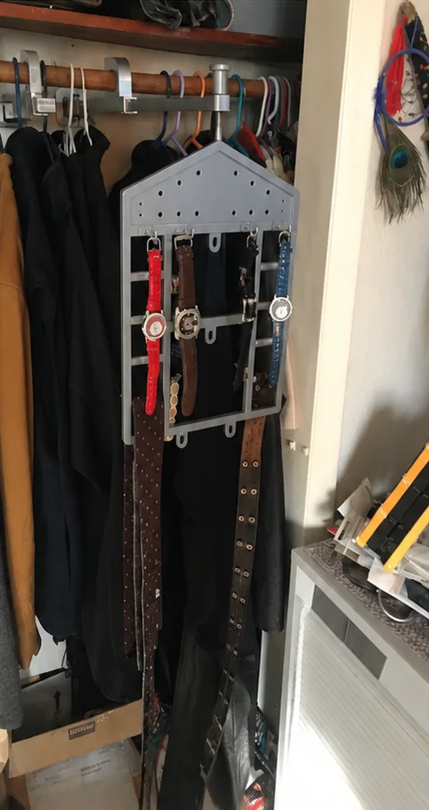 The hanger in a wardrobe holding watches, belts and ties