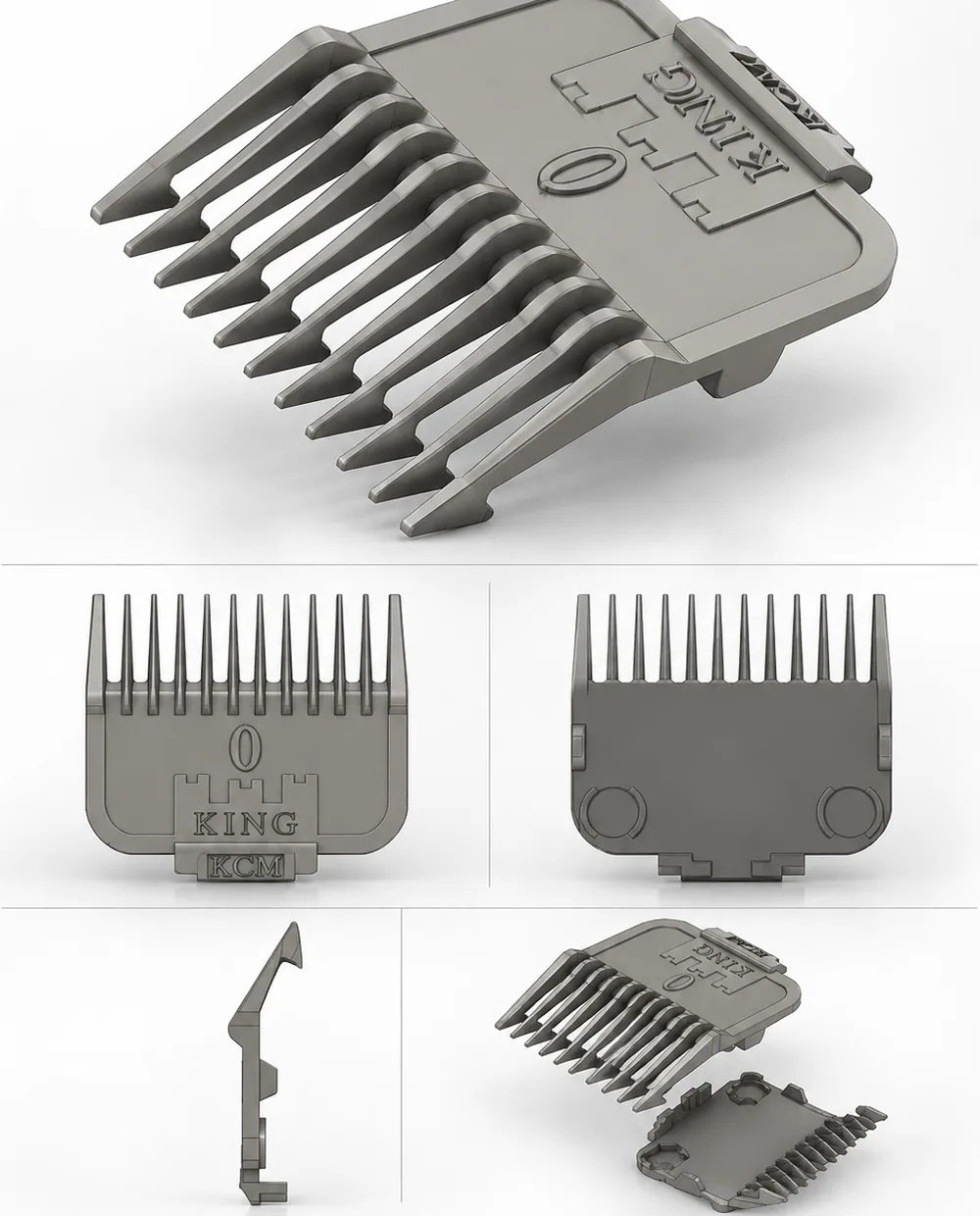 3D CAD views of a size 0 magnetic trimmer guard: perspective, front, back, side and exploded views