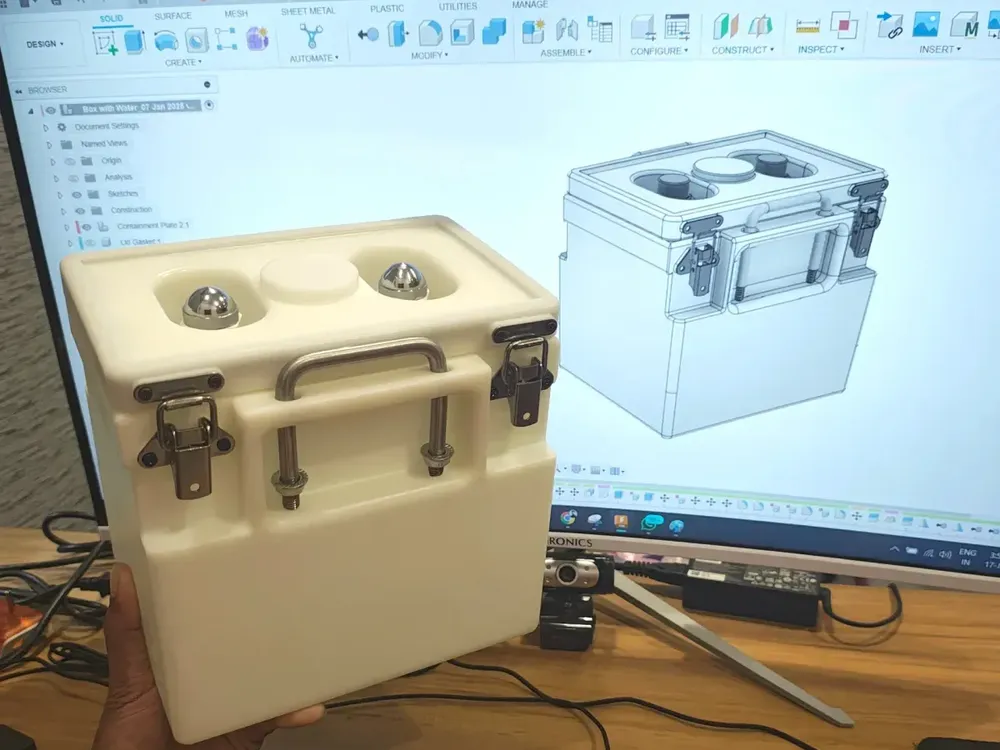 A CADLETE DFM engineer checking a 3D-printed prototype against its CAD model before production