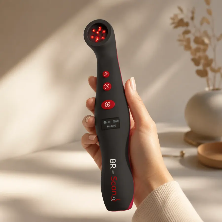 BR-Scan-Gerät in der Hand, mit den bedienerseitigen Tasten und dem Display