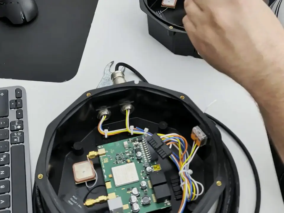 Technician wiring a circuit board into an electronics enclosure at an assembly bench