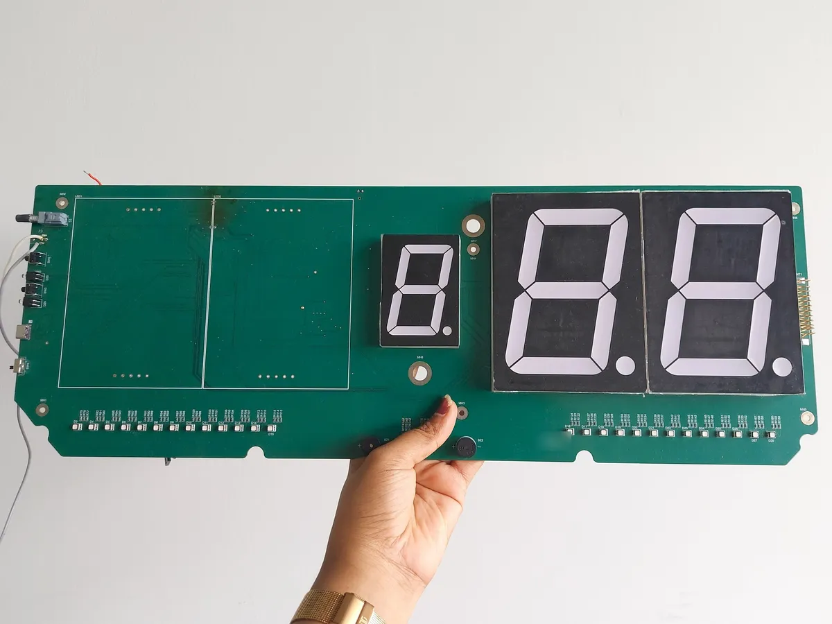 Assembled display PCB for the Pickleball Scoreboard V2 with large seven-segment digits