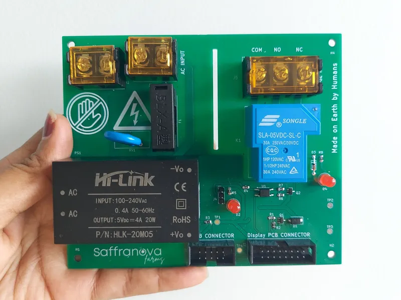 Assembled Saffranova power and relay PCB with its power supply module and relay