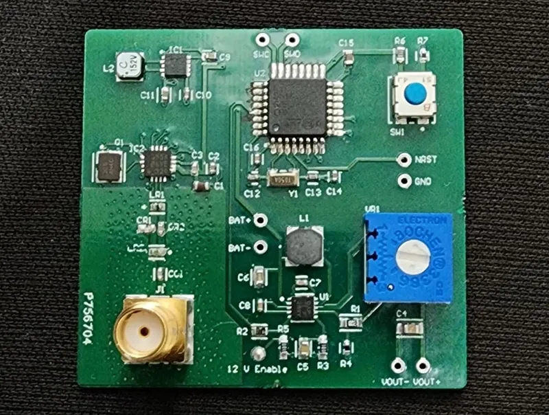 Assembled RF receiver PCB with an SMA antenna connector for the PDLC smart film controller