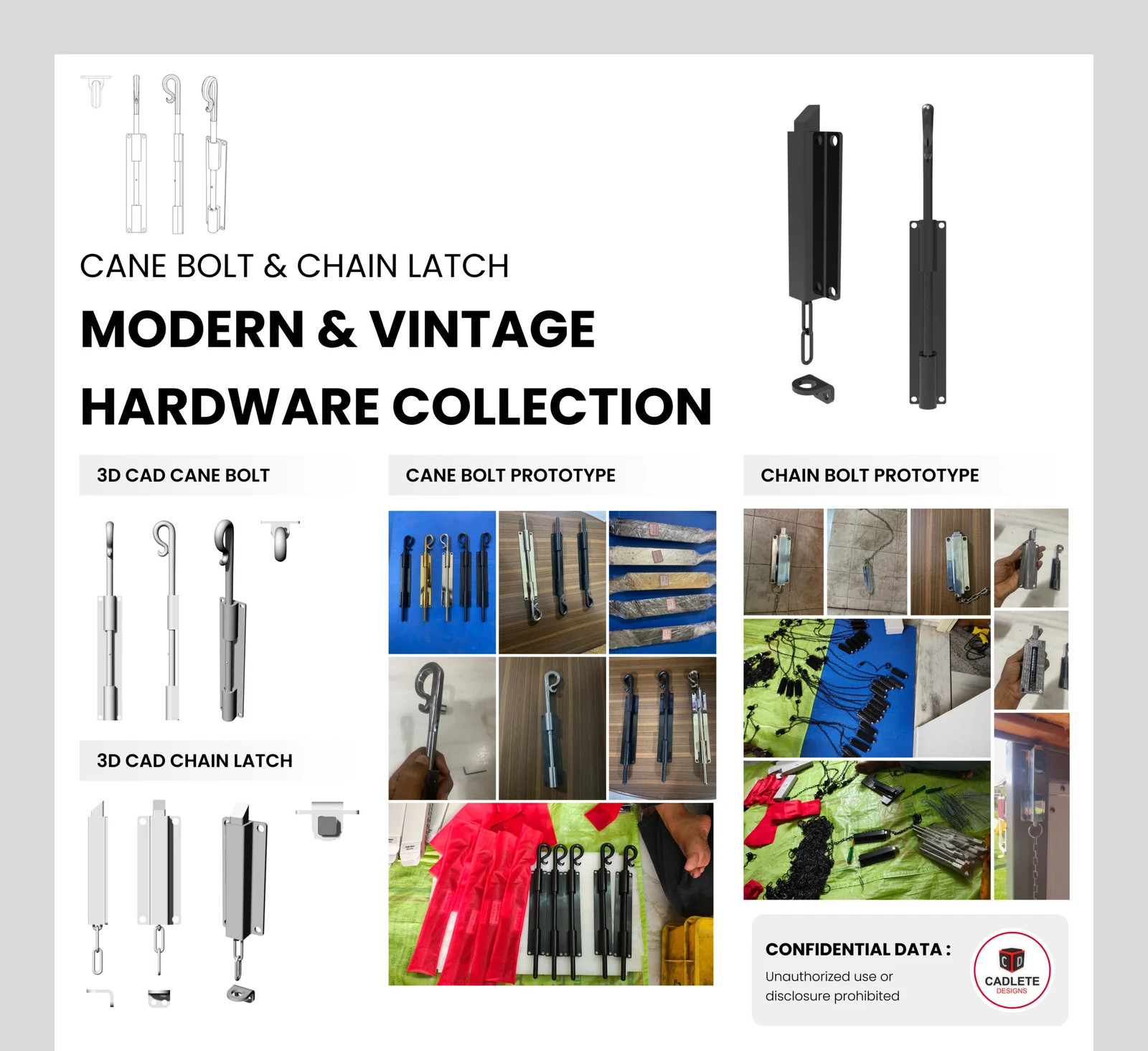 Cane bolt and chain latch hardware for horse barn doors