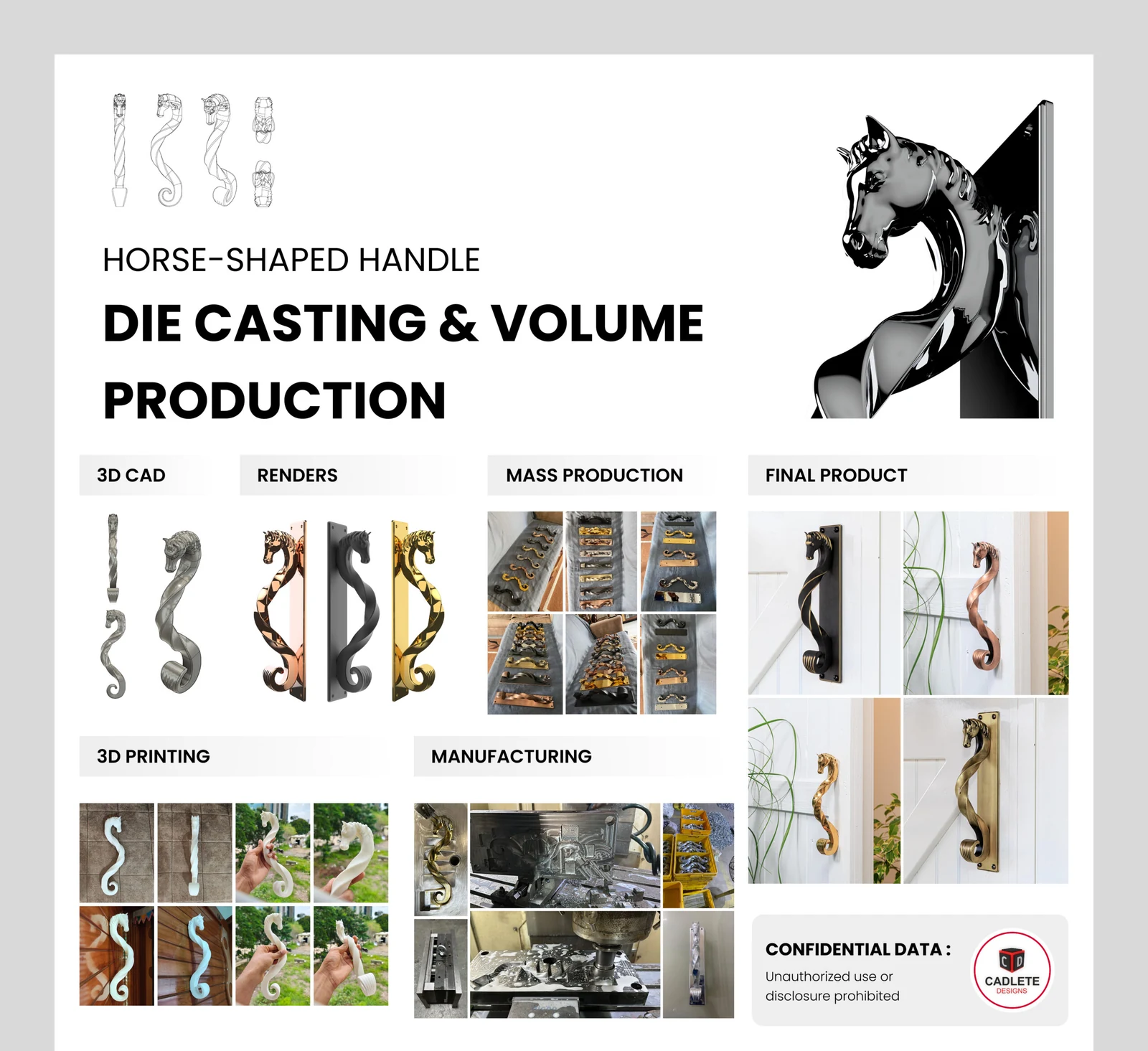 Horse-shaped die-cast zinc handle in multiple PVD metallic finishes
