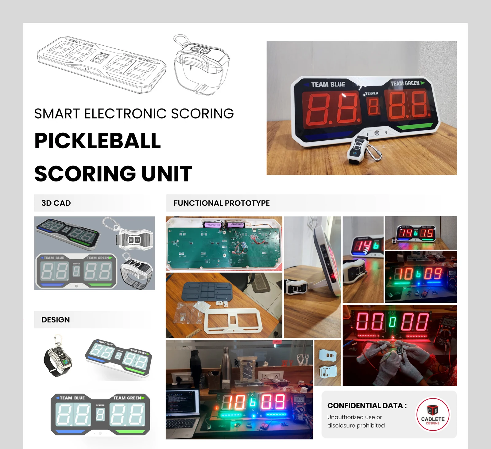 Development board showing 3D CAD concepts, industrial design sketches, and functional prototype photos for the pickleball scoring system