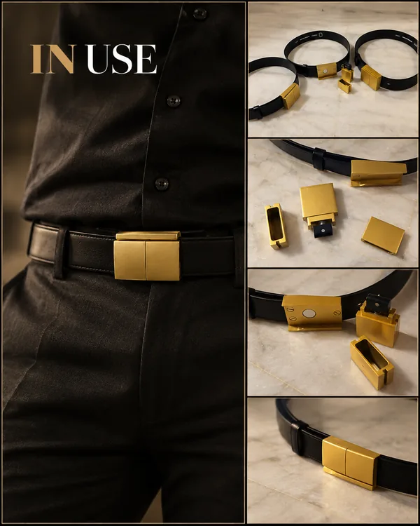 Perfume Belt Buckle: CNC-Machined Prototype with a Slide-In Mini Bottle: Product in Use