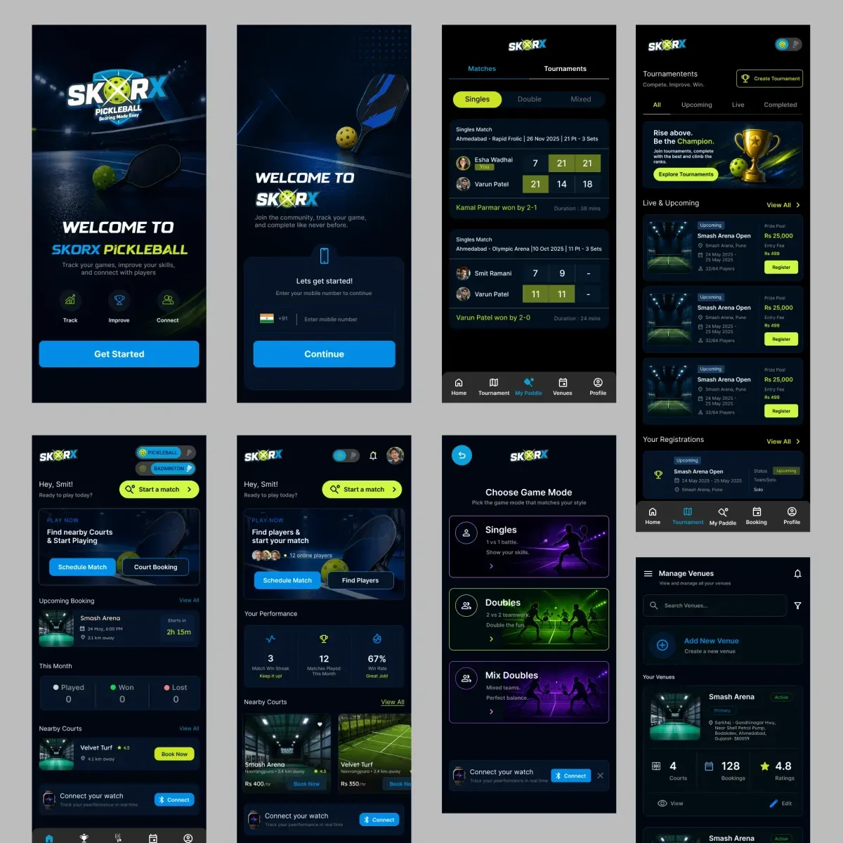 Skorx-Pickleball-App-UI mit Live-Spieldaten, gestaltet von CADLETE Designs